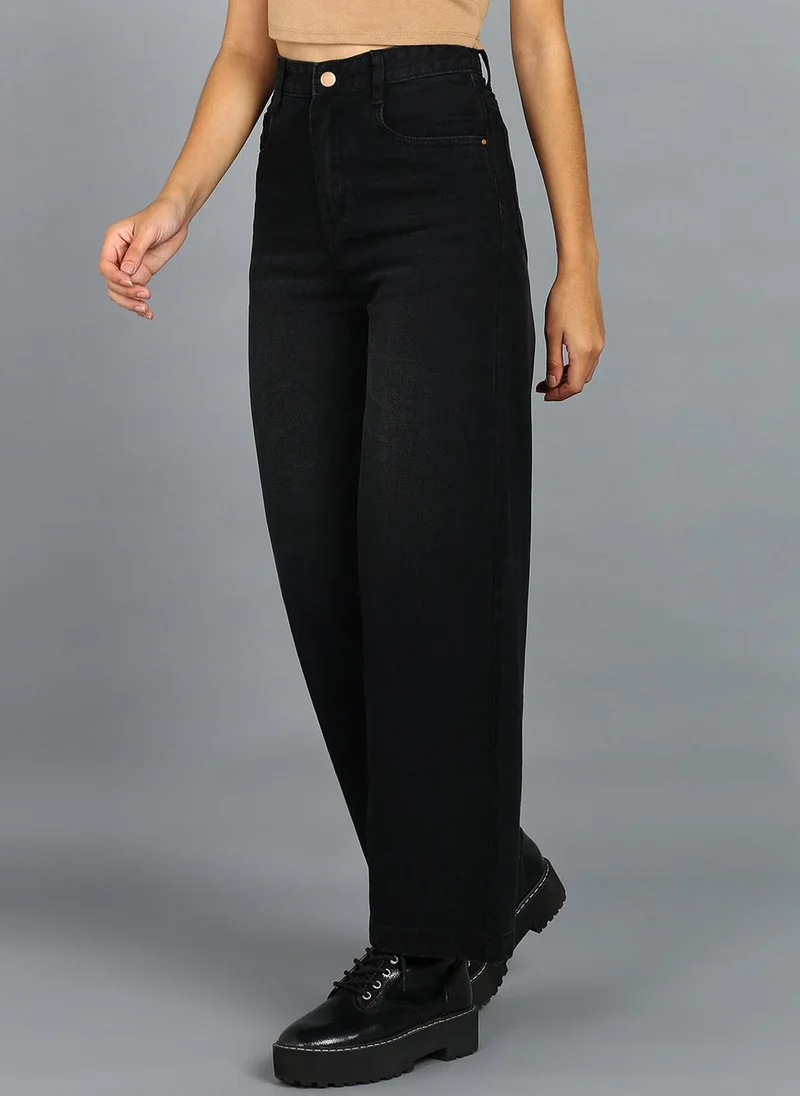 Urbano Fashion  Urbano Fashion Women's Black Regular Fit Wide Leg Washed Jeans for Women | Best Price UAE